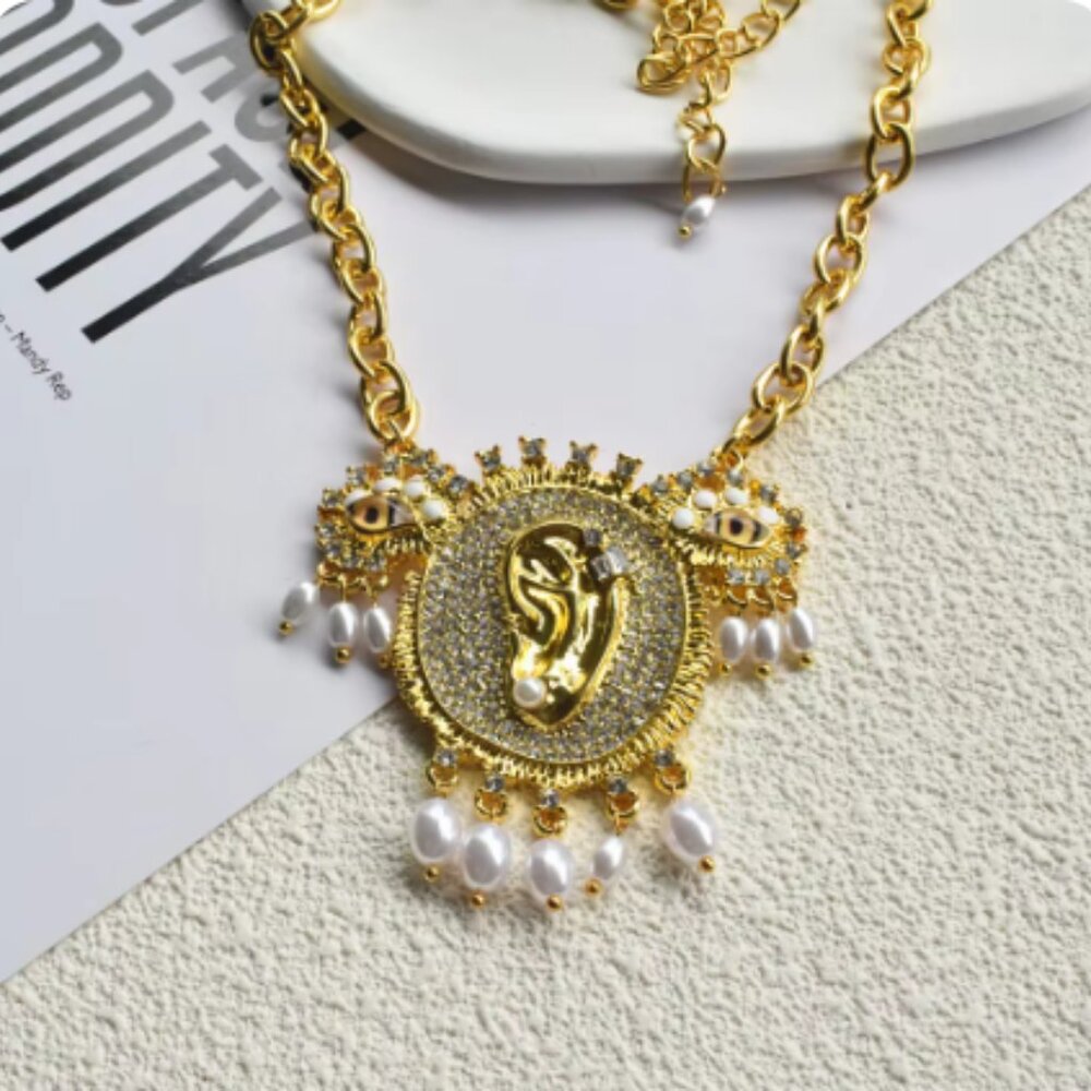 Schiaparelli Surrealist Inspired Brown Eye Ear Necklace Runway Designer …